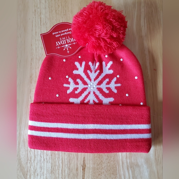 Mens Beanie/Hat Red Snowflake New - Picture 3 of 6